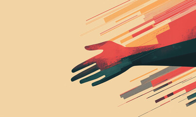 Stylized hand reaching out with vibrant colors and abstract patterns on a neutral background.