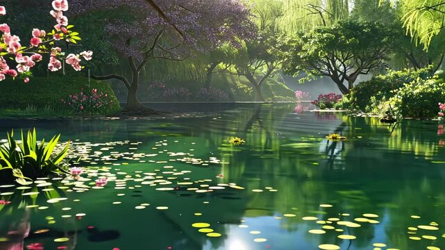 Ruhiger Garten mit japanischem Teich und bl&uuml;henden B&auml;umen