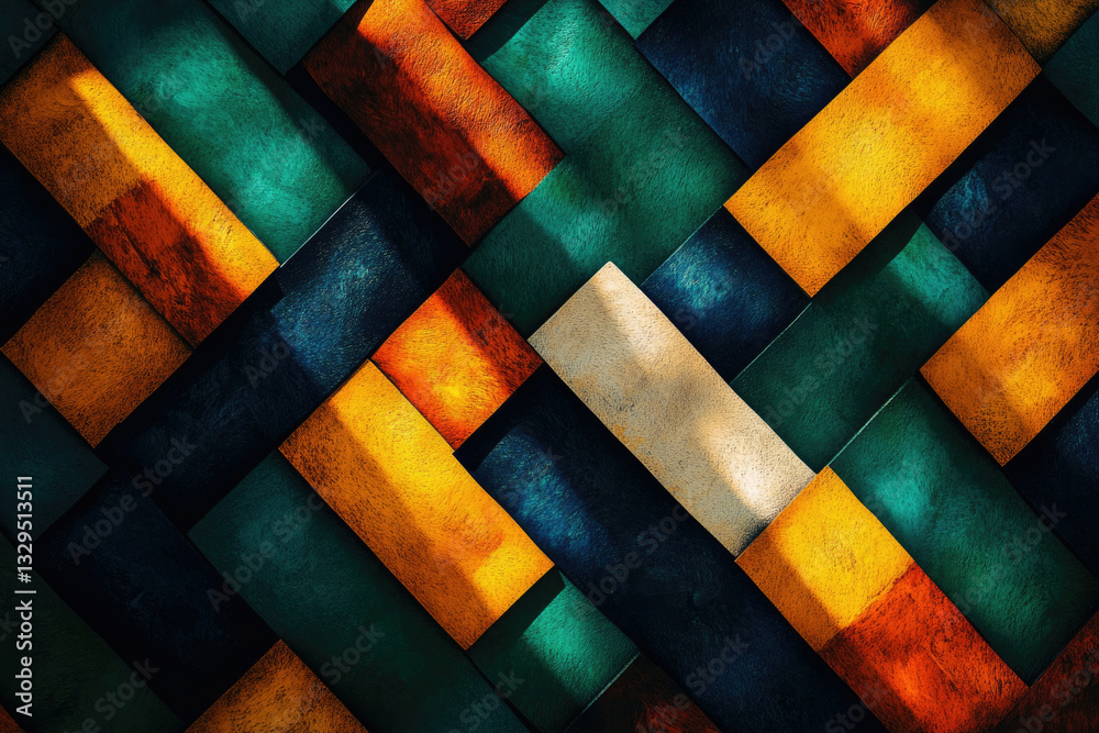 Poster Abstract geometric pattern with interwoven dark teal, orange, and gold rectangular shapes creating a textured, artistic design.
