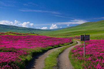 winding dirt road leads through vibrant pink flowers under clear blue sky, creating serene and picturesque landscape