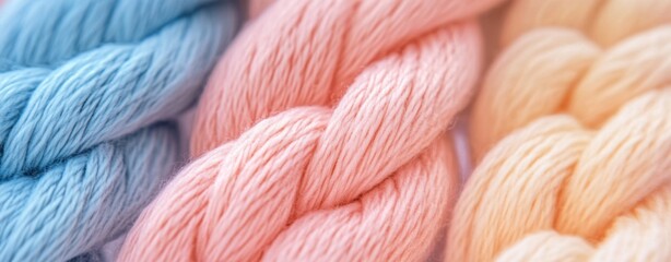 Close up view of pastel colored yarn strands, braided together. Soft, light pink, peach, and blue tones. Texture is soft and smooth