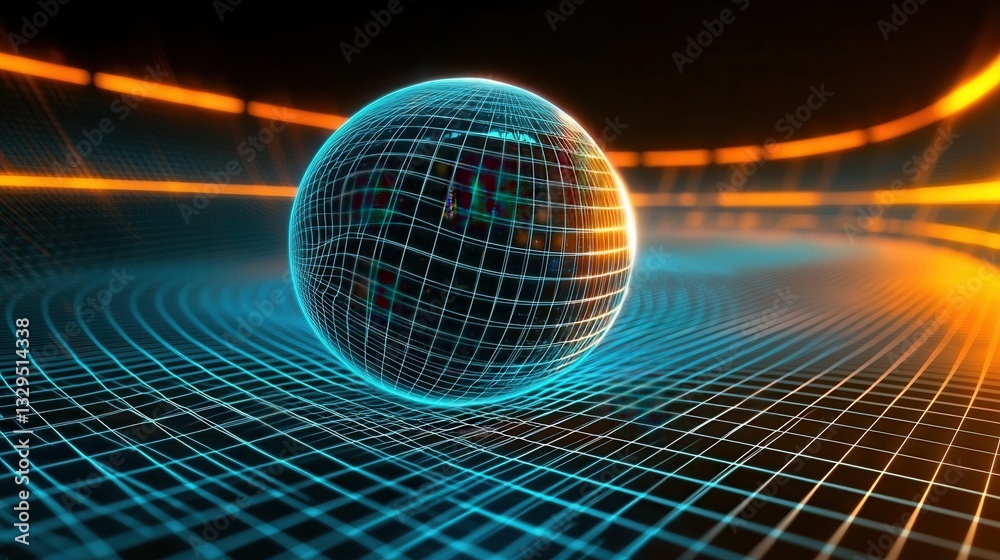 Poster a vibrant and luminous 3d wireframe sphere floating in a dynamic grid like futuristic environment wi