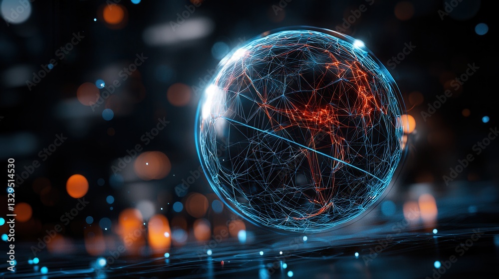 Poster a futuristic visualization of a complex digital network represented by a wireframe sphere with a dyn