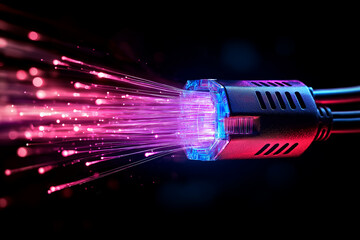 High tech connector with glowing light rays and fiber optics, creating vibrant and dynamic visual effect. image conveys sense of energy and innovation