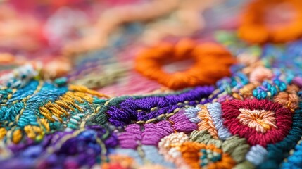Obraz premium Colorful floral embroidered fabric showing intricate details and textures closely