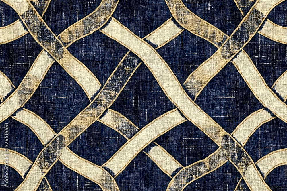 Poster abstract navy blue and beige woven textile pattern with an intricate lattice design.