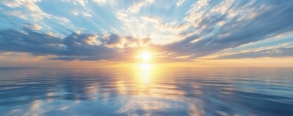 Fototapeta premium A beautiful sunset shines over calm ocean water and clouds