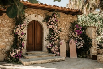 Fototapeta premium A stone building with flowers framing a large wooden door