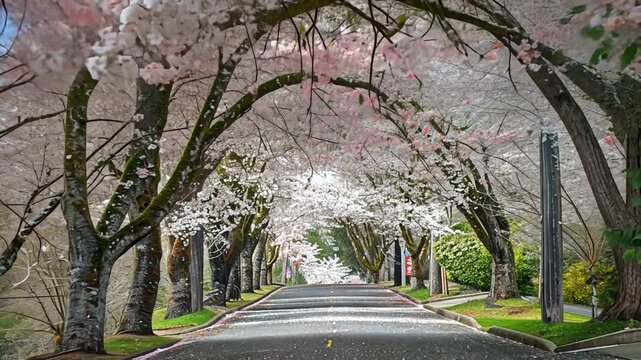 Kirschbl&uuml;tenb&auml;ume s&auml;umen eine Stra&szlig;e im Fr&uuml;hling