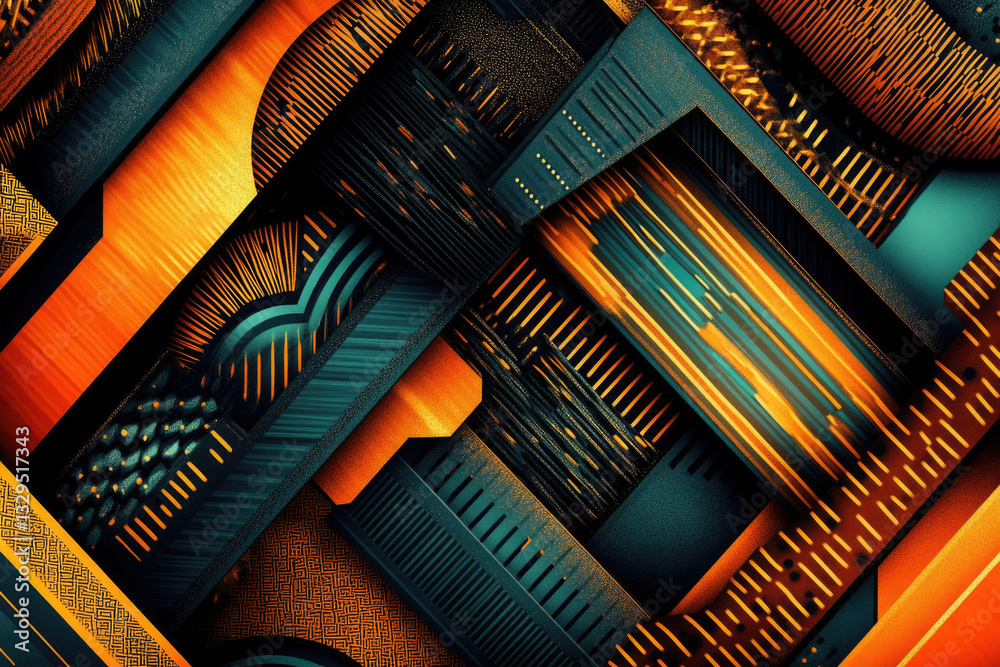 Poster Abstract geometric artwork featuring intersecting teal and orange shapes with textured surfaces and intricate patterns.
