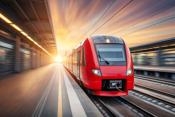 Naklejka premium Red high-speed train moving on tracks at sunset, symbolizing modern transportation and rapid travel