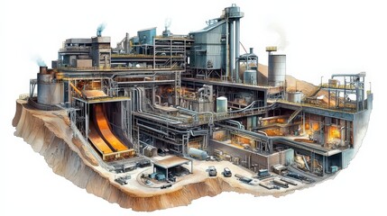 Fototapeta premium A cutaway diagram of a steel mill, showcasing the entire process from ore to finished product.