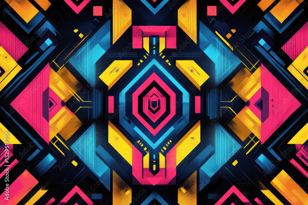 Poster abstract geometric artwork with vibrant colors, sharp lines, and symmetrical design elements.