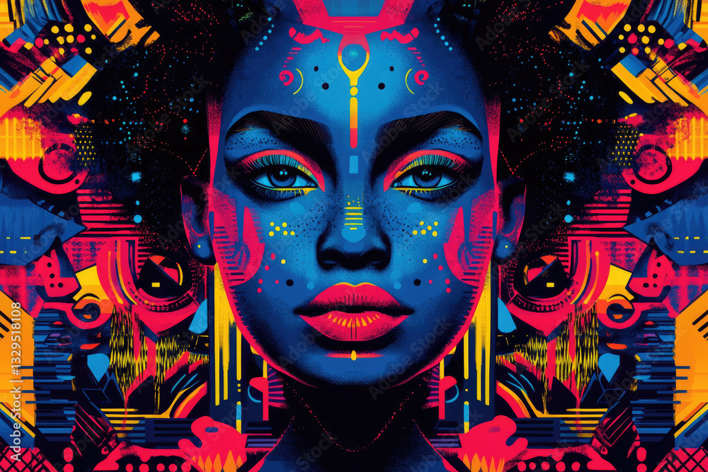 Poster vibrant abstract portrait of a woman adorned with bold geometric patterns and bright colors.