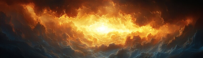 Fototapeta premium a dramatic view of the sun rising through swirling, fiery clouds, creating a surreal and awe-inspiring scene. The contrast between the light and dark adds a sense of mystery and power