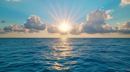 Serene Sunset Over Calm Ocean Sunburst Through Clouds