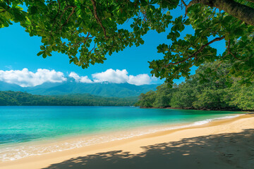 serene beach scene featuring turquoise water, white sand, and lush greenery under clear blue sky. tranquil atmosphere invites relaxation and enjoyment of nature beauty