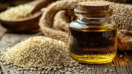 Sesame seeds and oil on rustic wooden table