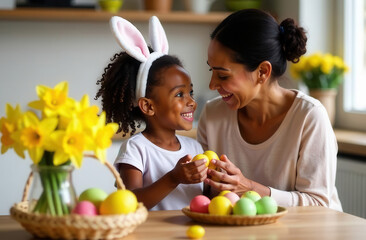 A black girl and her mother hold colorful Easter eggs. An african american family celebrates a happy Easter.