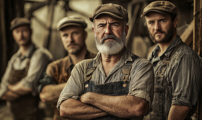 Labor day celebration honoring workers in historic setting group portrait rustic environment dramatic viewpoint community spirit