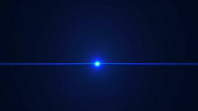 Bright blue luminescent point centered horizontally on deep navy background, creating horizontal light beam with intense glowing center point, gradually changing color intensity and radius