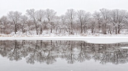 A winter wonderland scene where the frozen lake reflects the serene beauty of the snow-covered trees