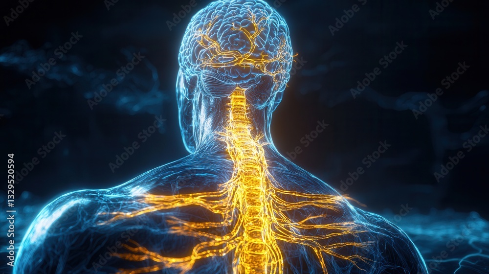 Poster an intricate and futuristic digital depicting a complex neural network of interconnected glowing str