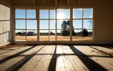 Obraz premium Sunlight streams through broken and intact windows of an abandoned building illuminating dry leaves on the floor and casting shadows with a view of dry landscape and distant building