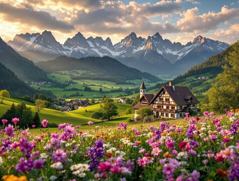A picturesque countryside scene with a house nestled amidst a lush meadow of vibrant flowers, set against a backdrop of majestic snow-capped mountains under a sky painted with hues of blue and white.