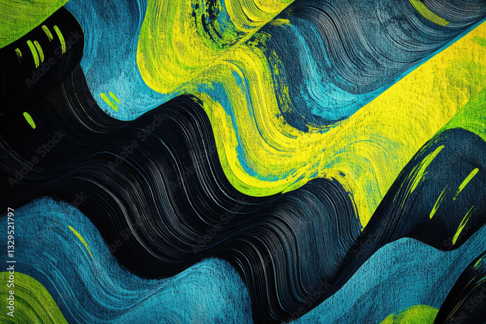 Poster abstract art with vibrant yellow, teal, and black wavy brushstrokes creating a dynamic, textured com