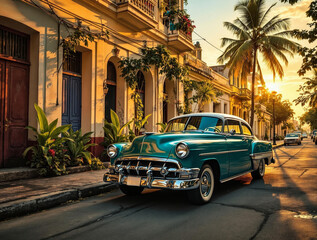 Fototapeta premium A vivid, sunlit scene of a classic car parked on the side of a street, surrounded by buildings with doors and windows, lush plants, and tall trees. The sky is painted with hues of orange and blue, sug