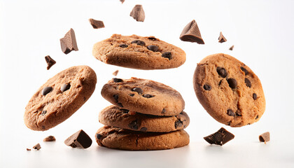 Dynamic Food Photography: Delicious Chocolate Chip Cookies, Chocolate Chunks, and Crumbs Appearing to Float or Fall, Isolated on a Clean White Background - Ideal for Packaging Design and Advertising