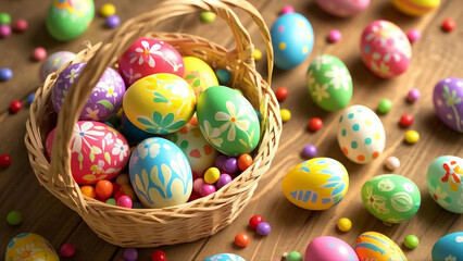 Fototapeta premium Basket brimming with hand-painted Easter eggs adorned with floral patterns, complemented by scattered colorful candies. 