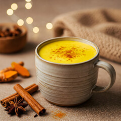 Golden milk in a speckled mug with cinnamon sticks and star anise on a textured surface