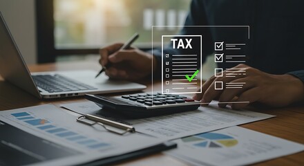 Tax preparation and calculation using a calculator and laptop in office.