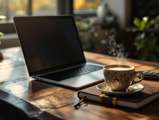 A wooden table with a laptop, a cup of coffee, a saucer, a book, and a remote. The background is slightly blurred, revealing a window and some plants, suggesting a cozy indoor setting.