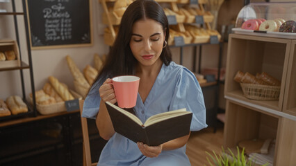 Young woman drinking coffee while reading a book in a cozy bakery indoors