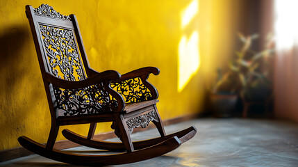 Intricate Wooden Rocking Chair Against Yellow Wall