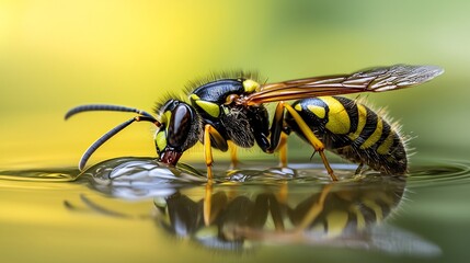 Close up of wasp drinking water showing its reflective wings fine body hairs and liquid surface tension in sharp focus