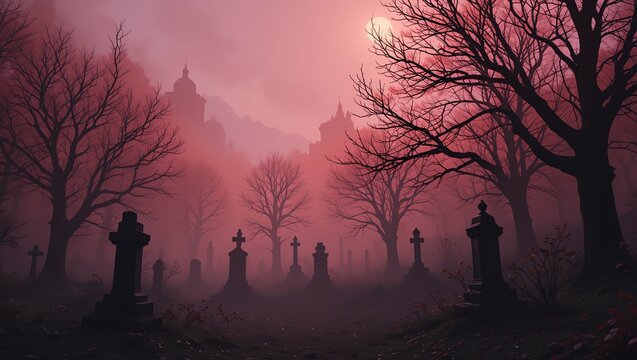 A haunting graveyard scene shrouded in mist, featuring eerie tombstones and bare trees under a dramatic red sky.