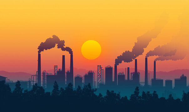 Industrial sunset labour day reflection cityscape digital artwork urban environment silhouette viewpoint celebrating workers contributions