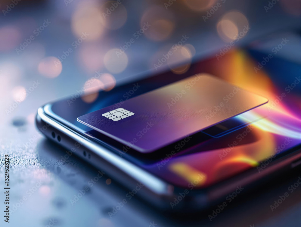 Poster an aesthetically pleasing image featuring a smartphone with a card resting on it.