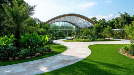 Modern Greenhouse Surrounded By Lush Tropical Landscaping