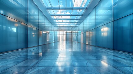 Obraz premium The minimalist architecture of this hallway, with glass walls and a soft blue ceiling, creates a bright, open atmosphere full of light and space.