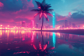 Neon-lit cityscape reflected in tranquil waters, a lone palm tree silhouetted against the vibrant night.