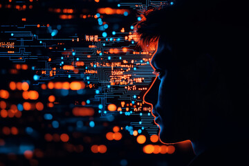 Digital identity silhouette with computer chip patterns and glowing circuits