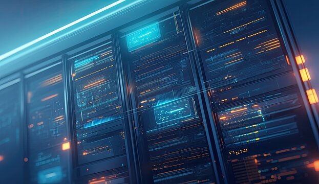 Server rack displays data in server room - Powered by Adobe