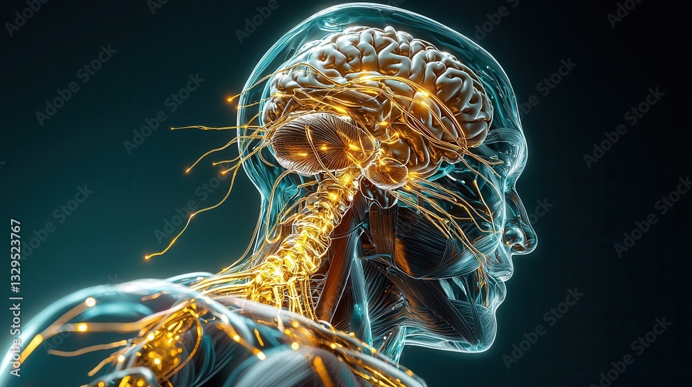 Poster a highly detailed and visually striking digital rendering of a human brain depicting its intricate n
