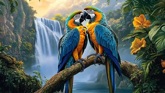 Two vibrant macaws perched on a branch near a waterfall, surrounded by lush tropical foliage