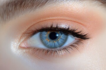 Obraz premium A close-up of a stunning human eye, reflecting a soft, radiant glow, enhanced by delicate makeup. The detailed iris and long lashes capture the essence of natural beauty and alluring charm.
